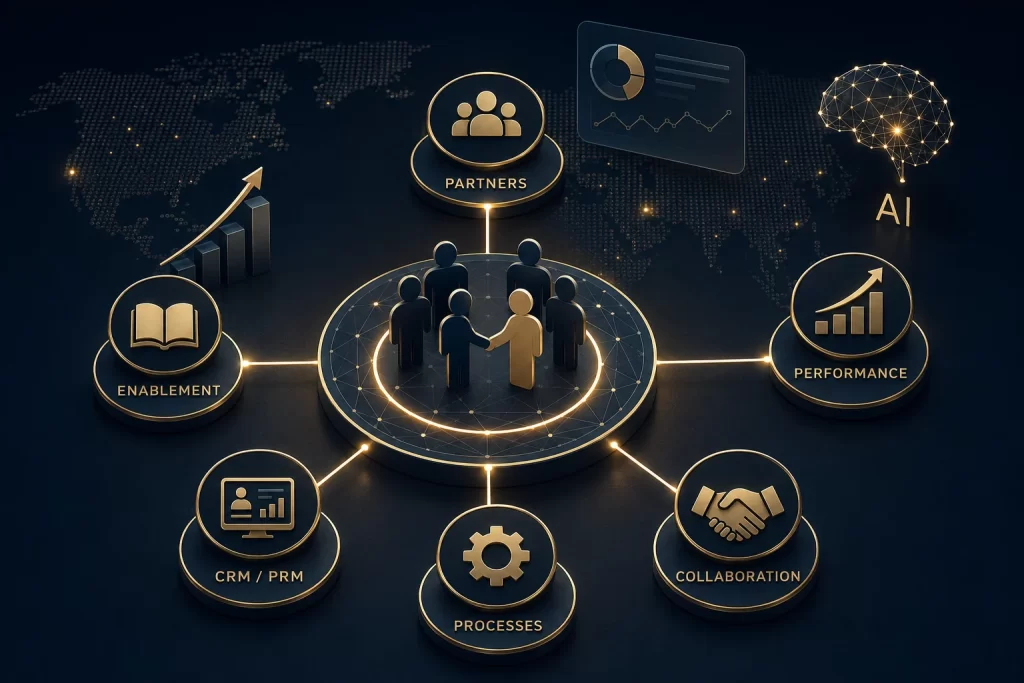 B2B partner sales channel ecosystem with partner enablement, CRM, PRM and performance management